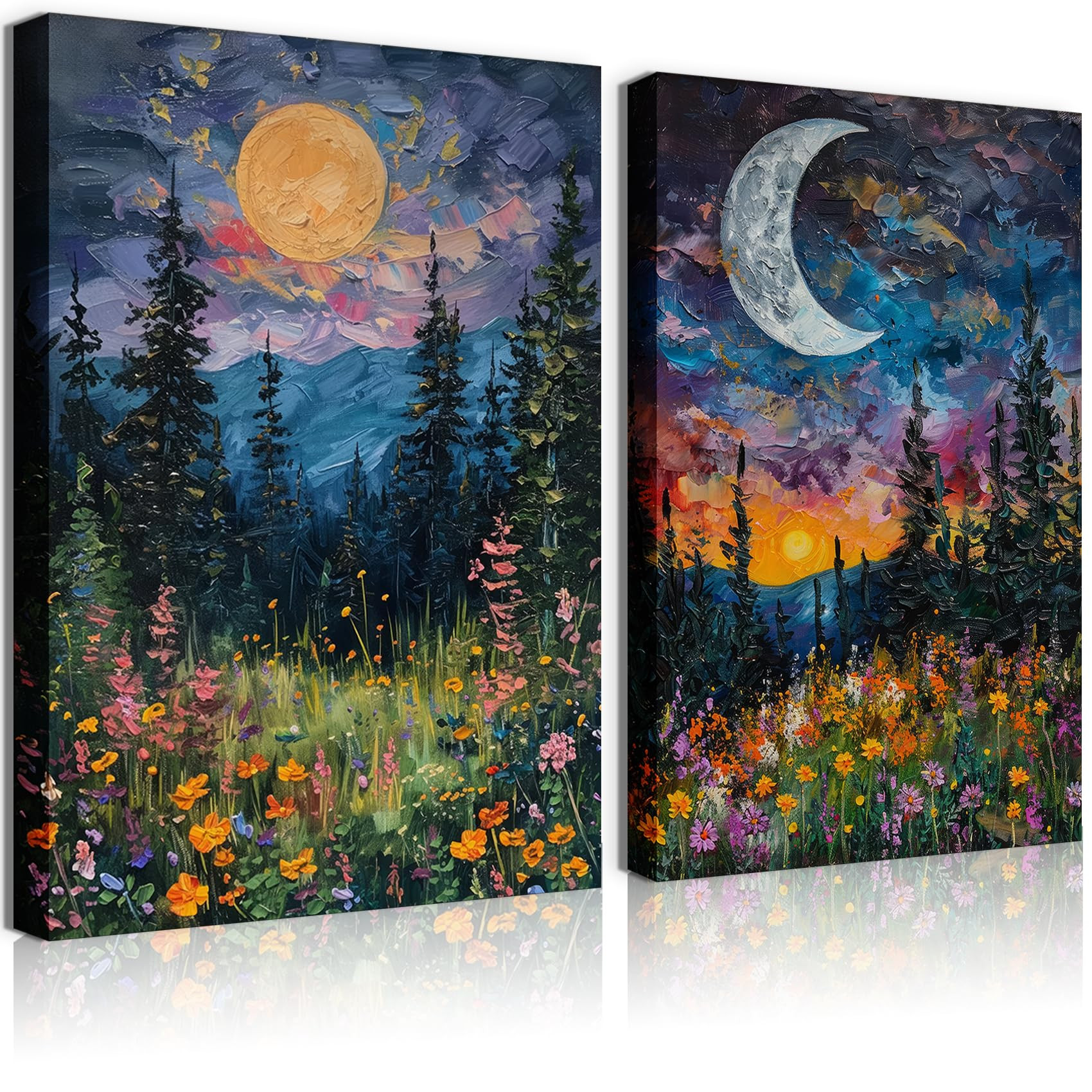 PLPKEYGR 2Pcs Vintage Moon Wall Art Mystical Celestial Wall Decor Dark Forest Wildflowers Canvas ... | Amazon (US)