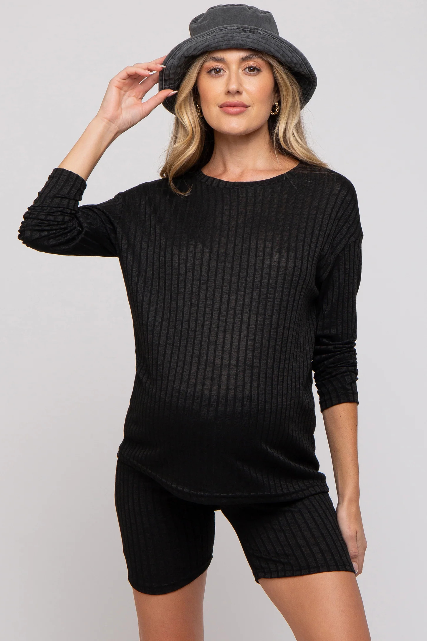 Black Ribbed Long Sleeve Maternity Shorts Set | PinkBlush Maternity