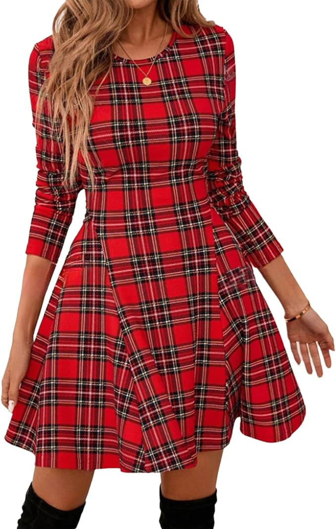 Women's Christmas Plaid Dress Fall Casual Long Sleeve Slim Midi Dress | Amazon (US)