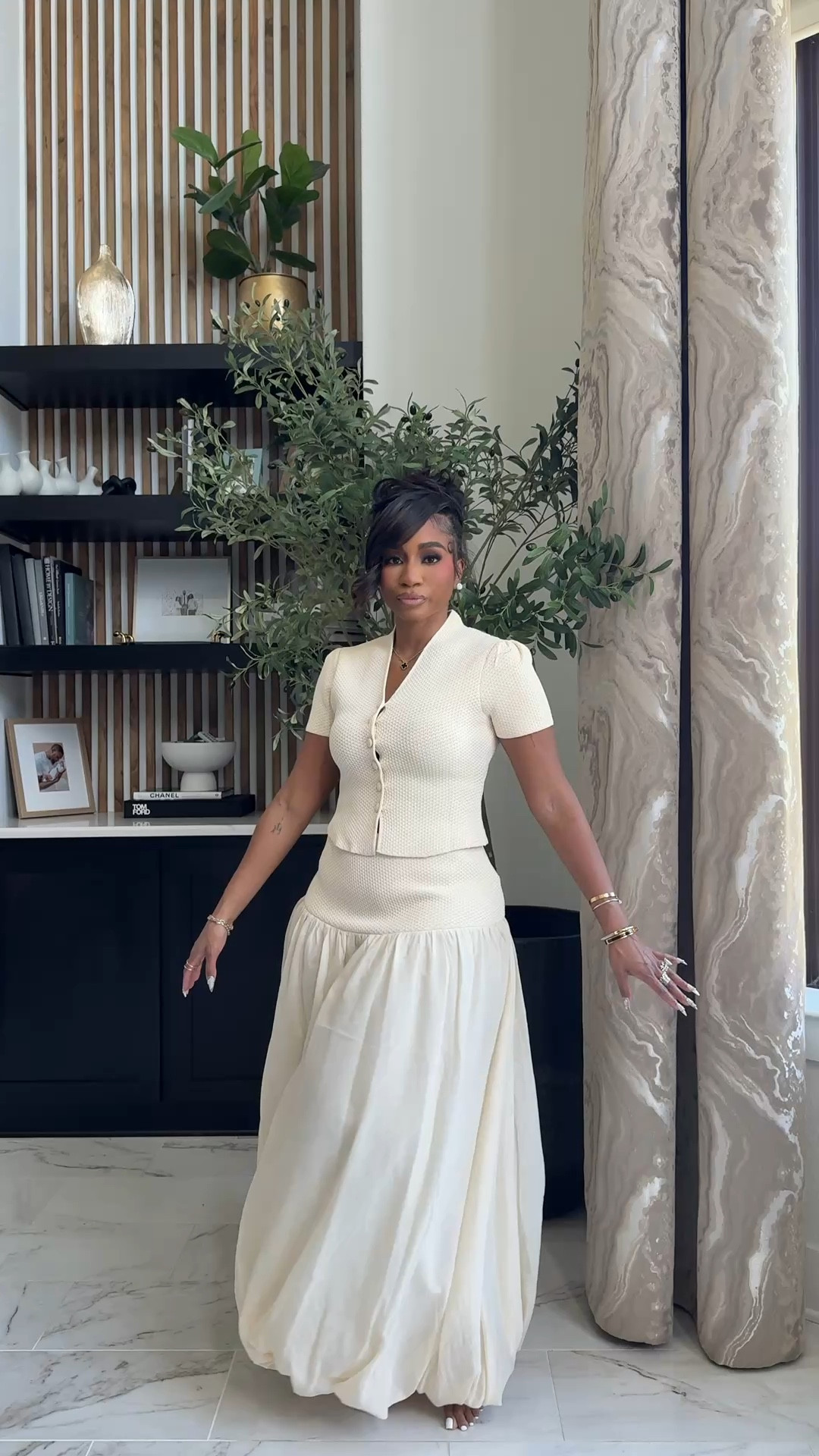 Textured knit cropped button up sweater paired with balloon maxi skirt!

#LTKspringtrends #LTKspring #LTKMidsize