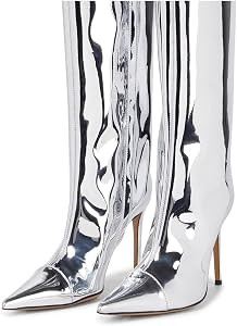 Women's Knee High Boots Sexy Pointed Toe Stiletto Heel Boot Metallic Leather Zipper Booties Dress... | Amazon (US)
