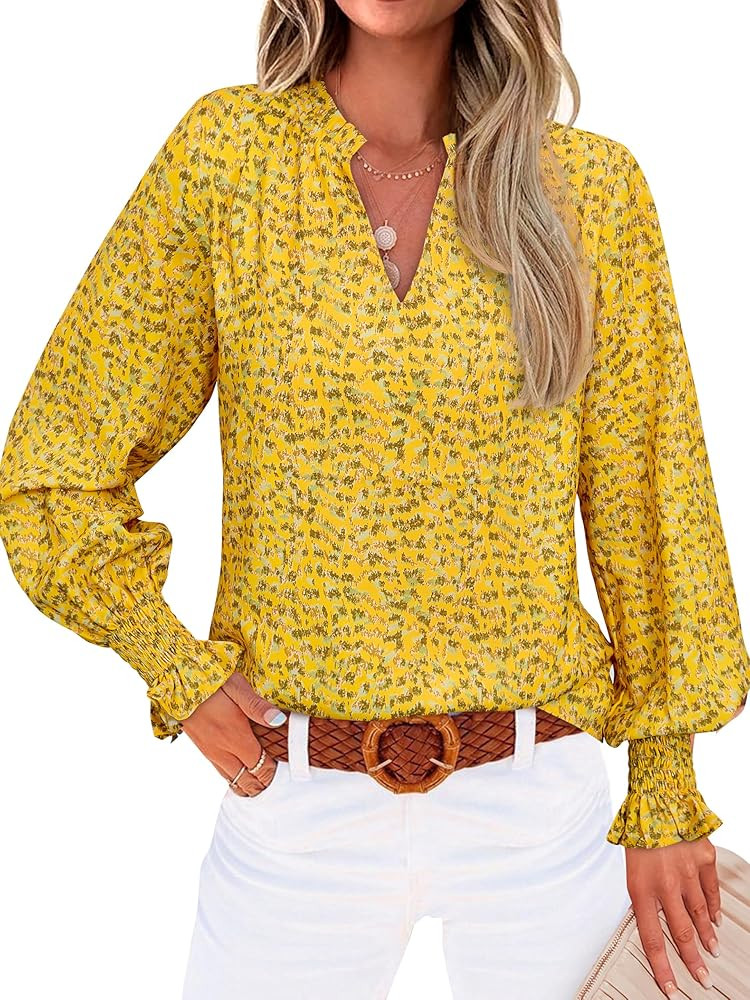 MASCOMODA Womens V Neck Floral Long Sleeve Tops 2025 Summer Casual Loose Puff Sleeve Chiffon Boho... | Amazon (US)