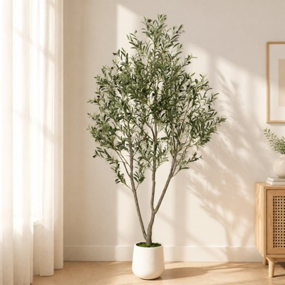 Romswi Faux Olive Tree with Oval White Planter, 7 FT Tall Faux Olive Trees, with Natural Wood Trunk Lifelike Fruits, Fake Greenry Plant for Home Decor | Target