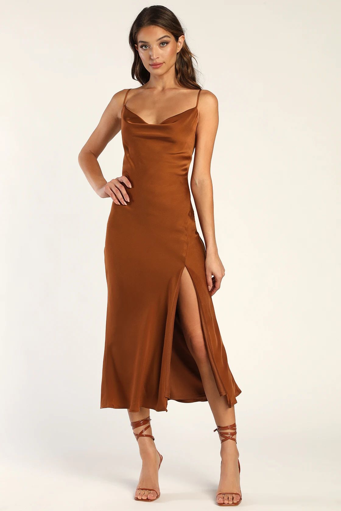 Romance Starter Brown Satin Cowl Neck Midi Slip Dress | Lulus