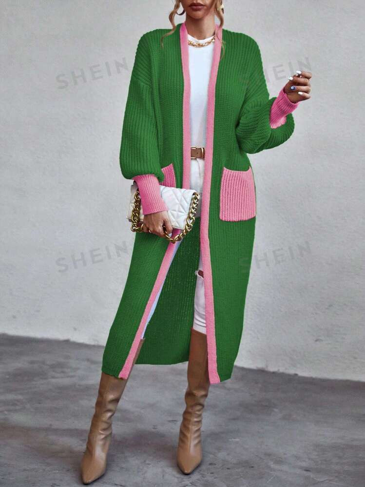 SHEIN Relaxiva Contrast Trim Dual Pocket Contrast Trim Lantern Sleeve Duster Cardigan | SHEIN