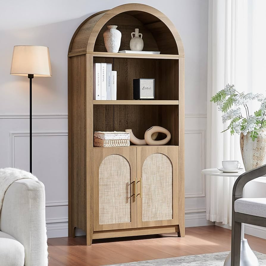 Rattan Arched Cabinet Bookshelf - 69.3” Tall Mid Century Display Cabinet, Rounded Bookcase with... | Amazon (US)