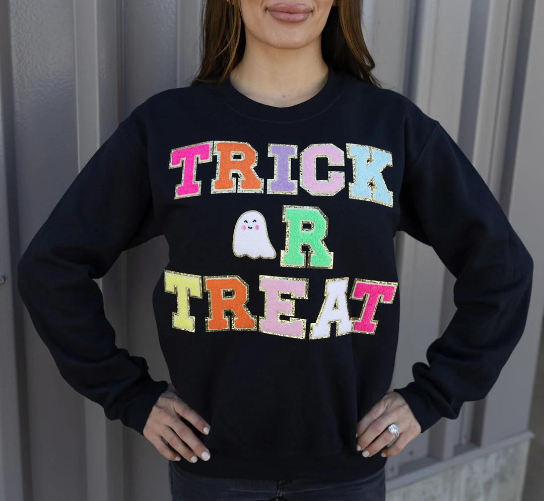 Trick or Treat Chenille Ghost Patch Sweatshirt, Halloween Varsity Glitter Letter Shirt, Cute Ghos... | Etsy (US)