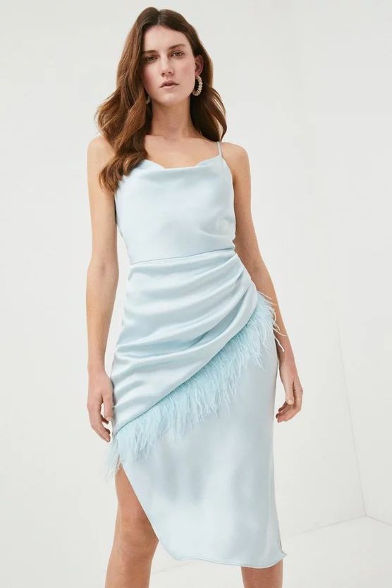Satin Crepe Cowl Neck Feather Cami Dress | Karen Millen US