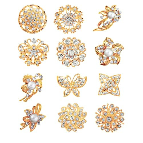 12pcs Lot Crystal Rhinestone Wedding Brooches Pins Bouquet Flowers (gold) | Amazon (US)