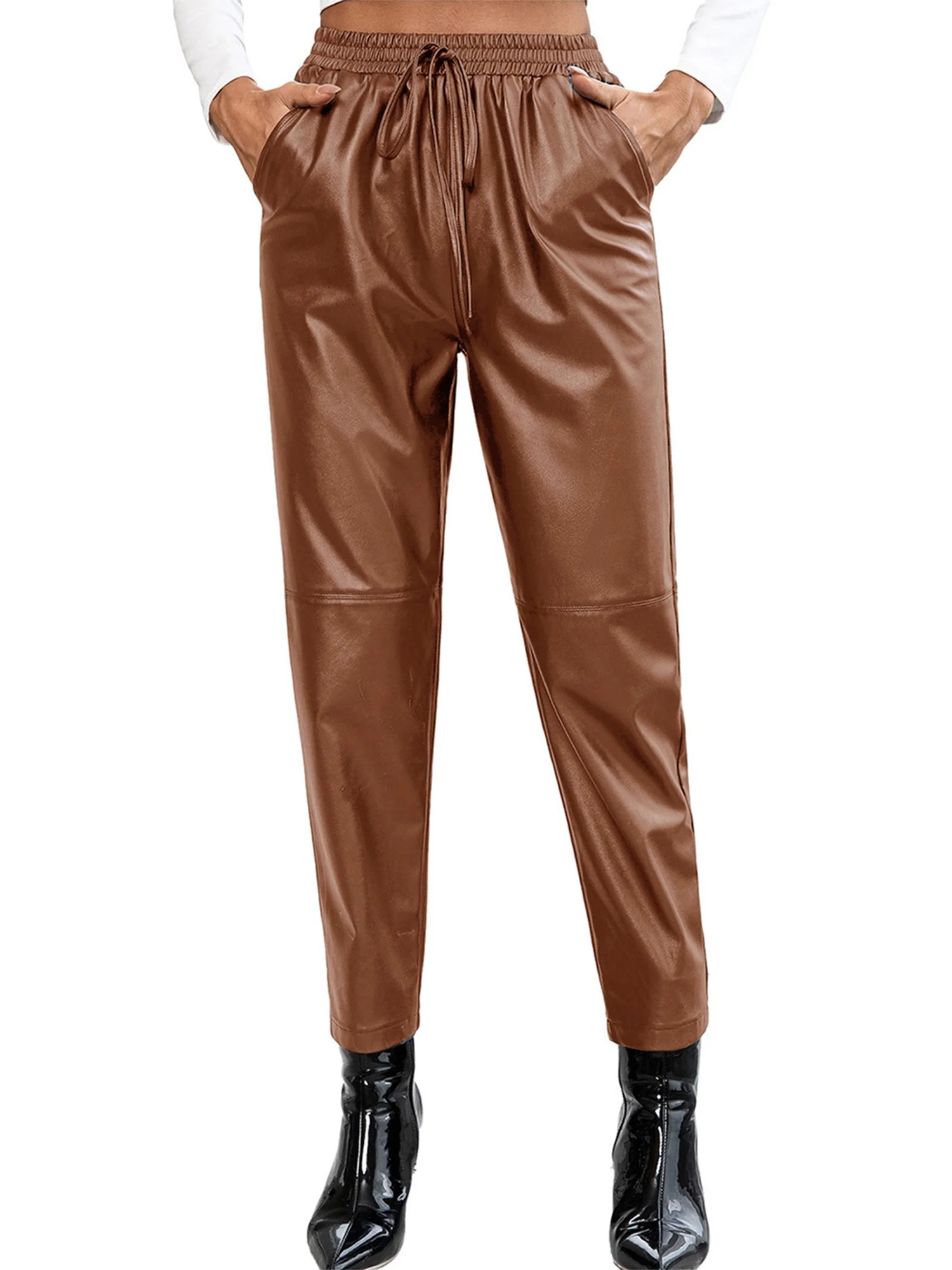 QILINXUAN Women´s PU Leather Pants Elastic Waist Straight Leg Trousers Solid Color Faux Leather ... | Walmart (US)