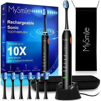 MySmile Rechargeable Sonic Electric Toothbrush for Adults, 6 Brush Heads, 5 Modes, Black | Target