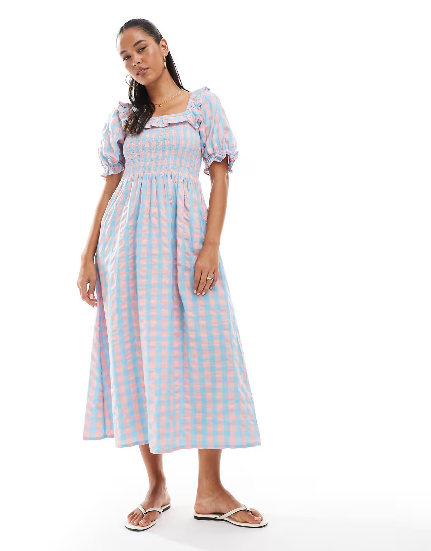 New Look puff sleeve milkmaid dress in blue and pink gingham | ASOS (Global)