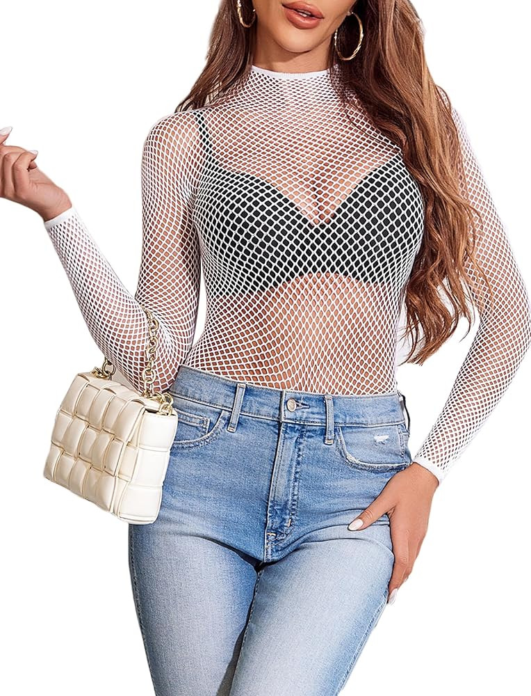 Avidlove Women's Sexy Fishnet Mesh Long Sleeve Tops Mock Neck Sheer Lace See-Through Blouse Bodyc... | Amazon (US)