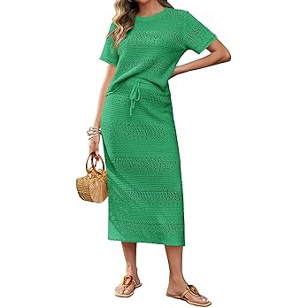 Tankaneo Womens Crochet Cover Up 2 Piece Skirt Sets Short Sleeve Knit Top Midi Skirt Vacation Tra... | Amazon (US)