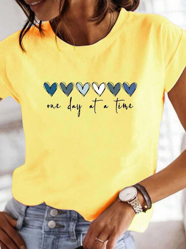 EMERY ROSE Women's Light Blue Casual Short-Sleeve T-Shirt With "One Day At A Time" Heart Print - ... | SHEIN