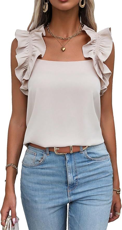 BEAUDRM Women's Casual Sleeveless Square Neck Solid Ruffle Trim Regular Fit Blouse Shirts Top | Amazon (US)