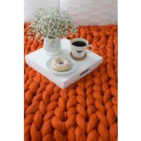 Chunky Knit Blanket, Knit Giant Throw, Arm Knitting, Yarn, Merino Wool, Thick Burnt Orange Wedding Present Gift | Etsy (US)