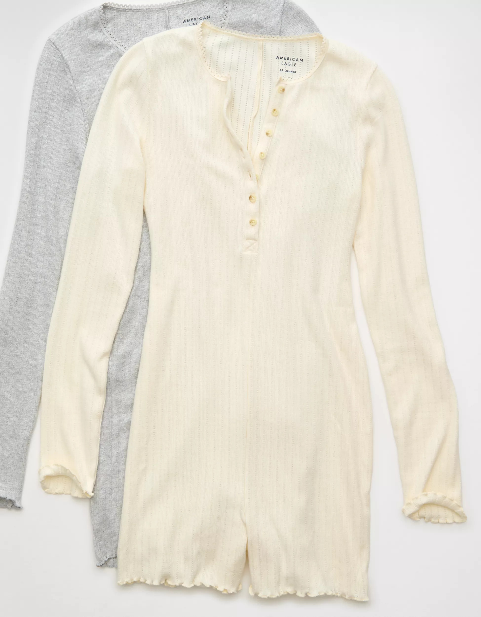 AE Long-Sleeve Henley Lounge Romper | American Eagle Outfitters (US & CA)