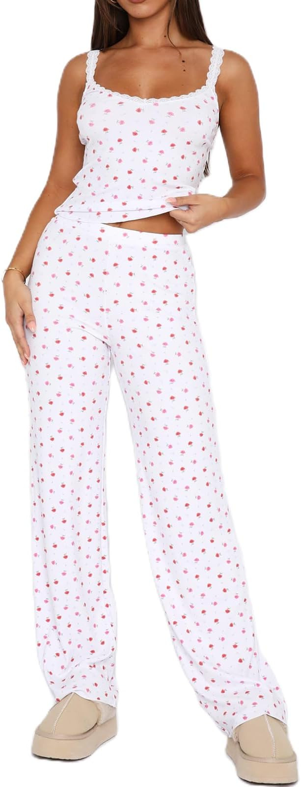 SOLILOQUY Women 2 Piece Pajama Set Sleeveless Lace Patchwork Cami Crop Top and Pants Y2K Floral P... | Amazon (US)
