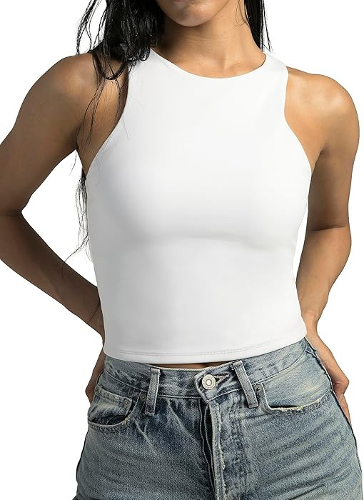 Colorfulkoala Women's Tank Tops Body Contour Sleeveless Crop Double Lined Yoga Shirts(L, Black) a... | Amazon (US)