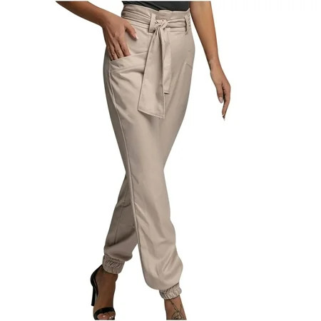 Women s High Waist Pants with Belt Pockets Solid Color Trouser | Walmart (US)