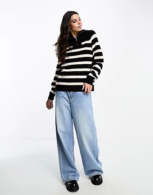 Miss Selfridge stripe knit half zip jumper in black stripe | ASOS (Global)