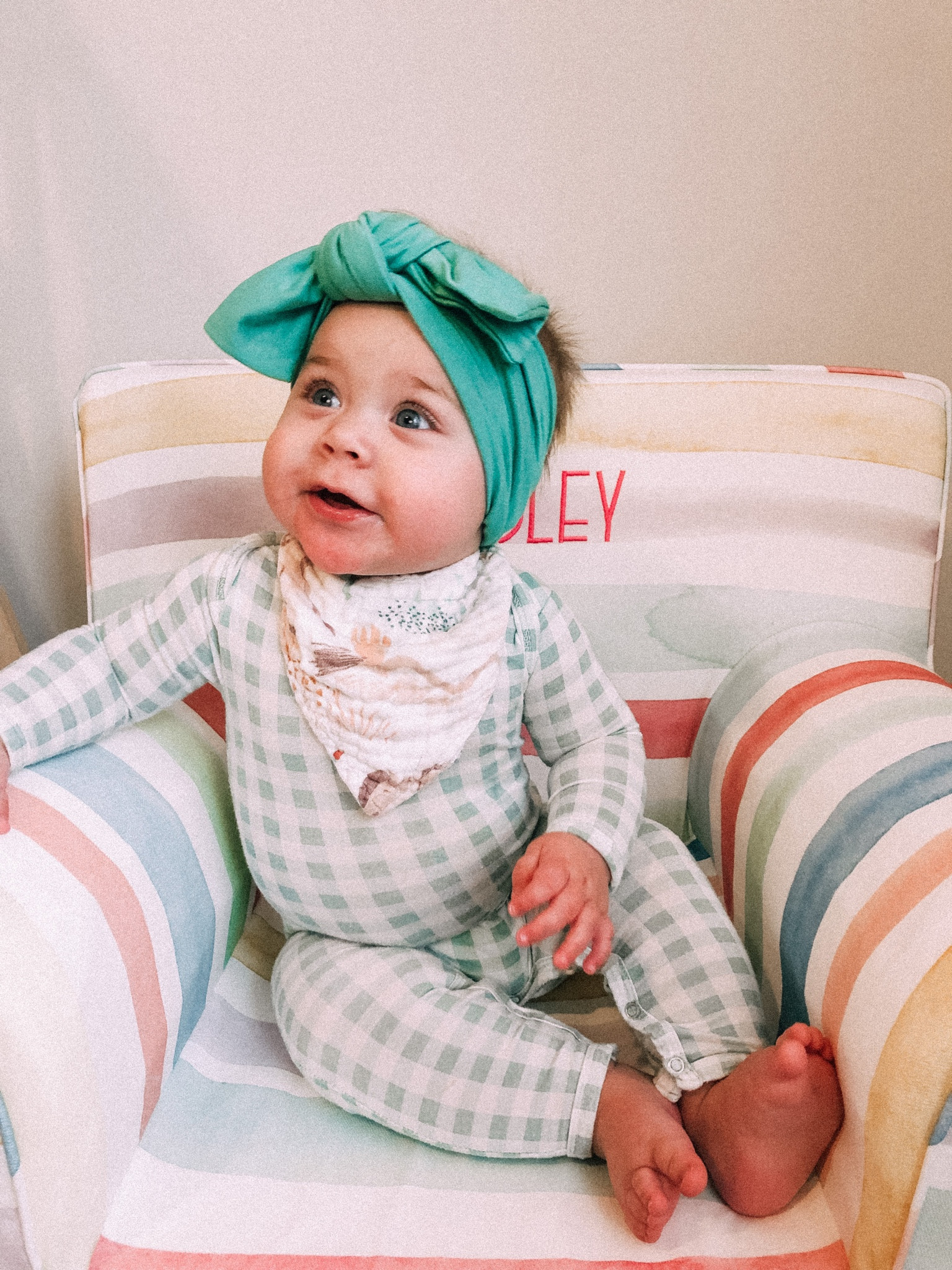 spearmint love baby long sleeved green gingham jumpsuit & pottery barn kids anywhere chair 🤩🌈✨

#LTKhome #LTKbaby #LTKkids