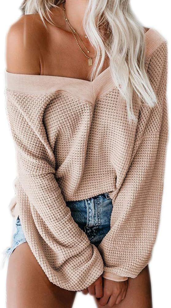Tobrief Women's V Neck Long Sleeve Waffle Knit Tops Off Shoulder Oversized Pullover Sweater | Amazon (US)