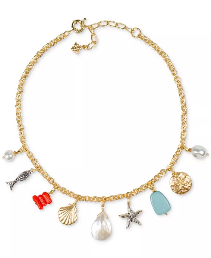 Gold-Tone Mixed Stone Seashore Charm Statement Necklace, 16" + 3" extender | Macy's