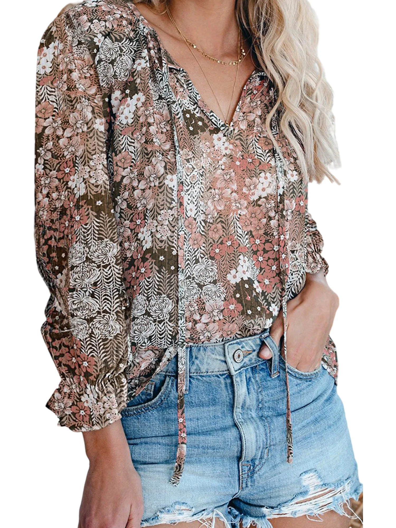 Casual Boho Floral Tunic Tops for Womens Long Sleeve V-neck Fall Tops Loose Beach Blouses | Walmart (US)