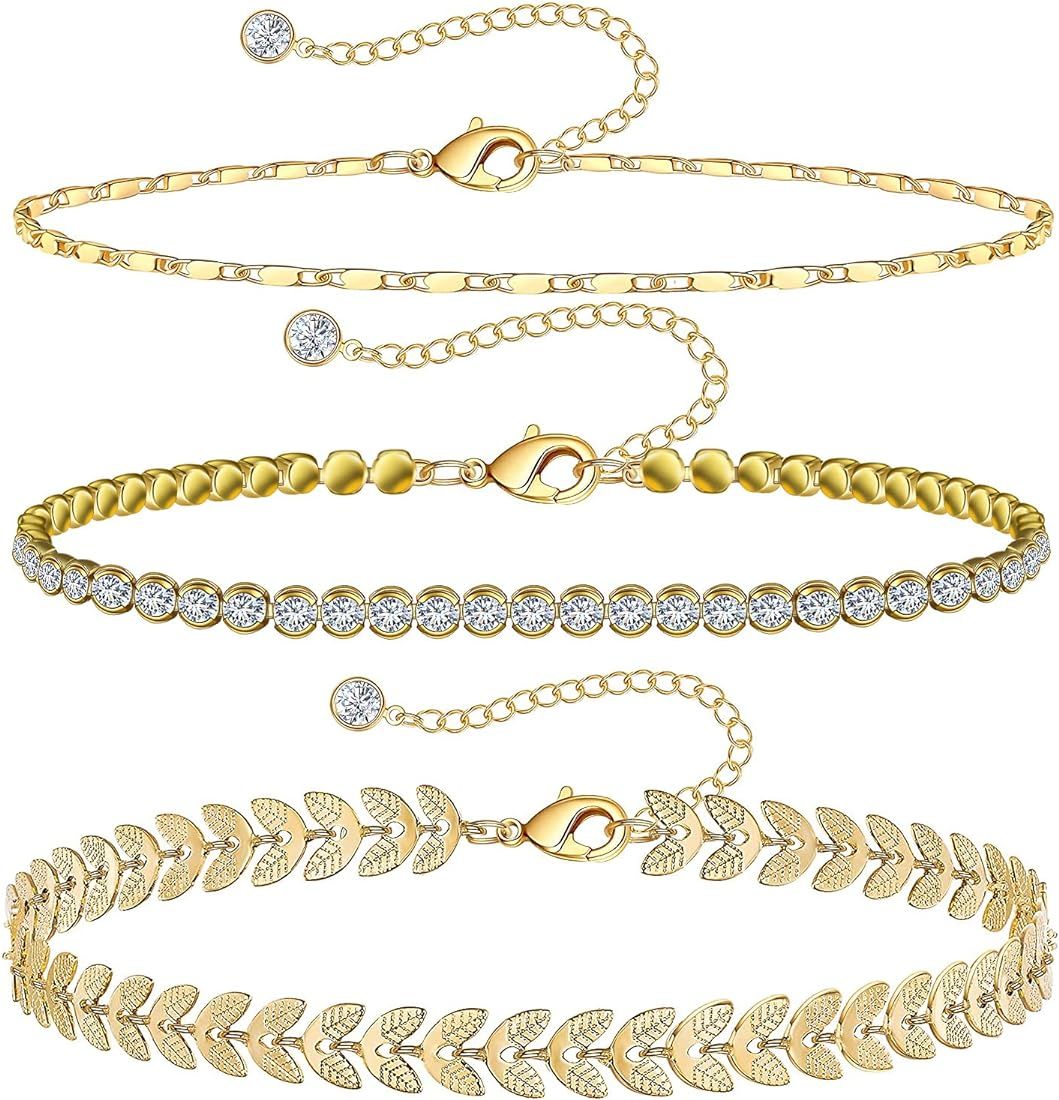 Gold Ankle Bracelets for Women 14k Gold Plated Anklet Silver Tennis Rose Quartz Cross Bead Herrin... | Amazon (US)