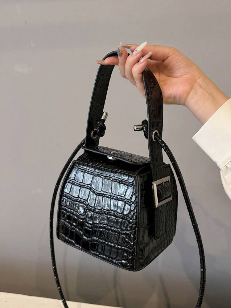 Mini Handbag With Detachable Strap, Black Crocodile Texture Crystal Cube Bag | SHEIN