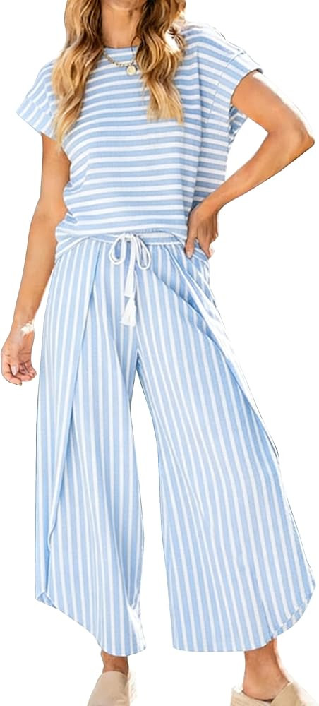 HangNiFang Womens Summer Striped 2 Piece Outfits Cap Sleeve Open Leg Pant Set Vacation Outfits Ma... | Amazon (US)