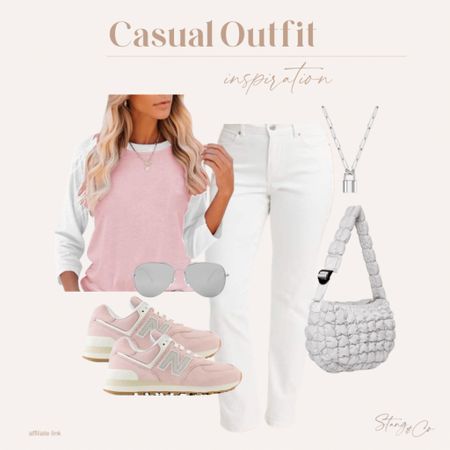 Pair a light pink casual tee with white jeans, pink New Balance sneakers, a puffer bag, silver jewelry, and silver aviator sunglasses.

Tall friendly jeans, ootd, spring outfit idea, summer outfit idea, amazon fashion

#LTKfindsunder50 #LTKstyletip #LTKshoecrush