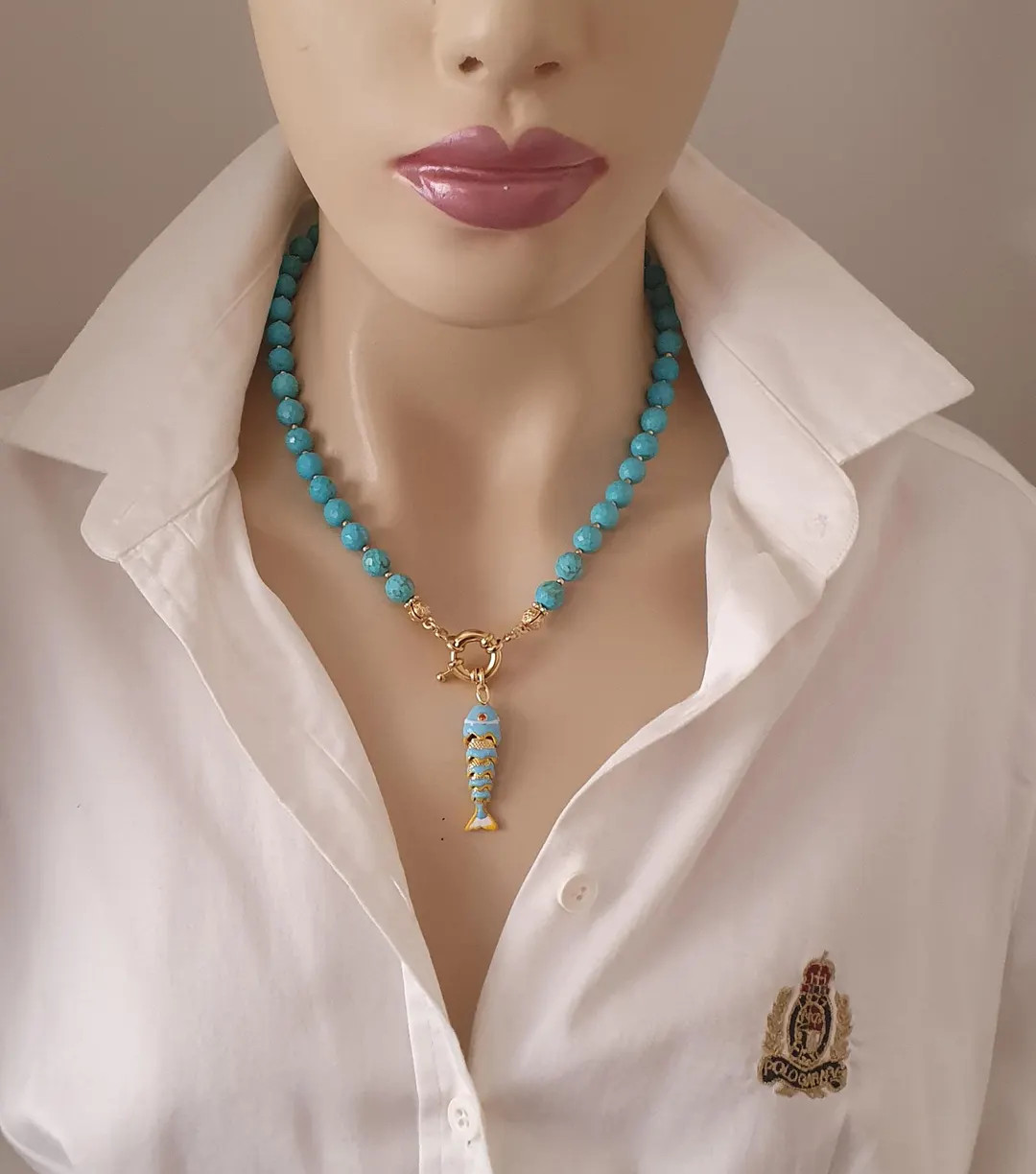 Gold Plated Turquoise Beaded Fish Necklace, Nautical Jewelry- | Etsy (US)