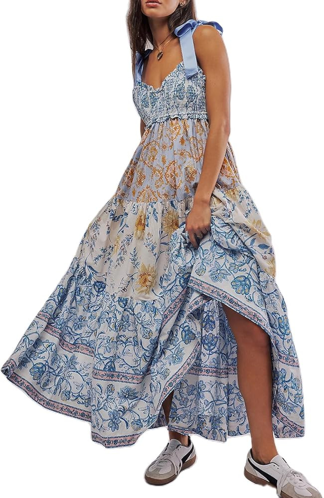 Women Boho Tie Shoulder Maxi Dress Y2k Floral Smocked Long Dress Sleeveless Flowy Summer Beach Su... | Amazon (US)