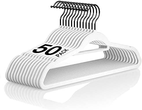 Premium Velvet Hangers Black Hooks with Tie Bar, 50Pack White Hangers Non Slip Space Saving Cloth... | Amazon (US)