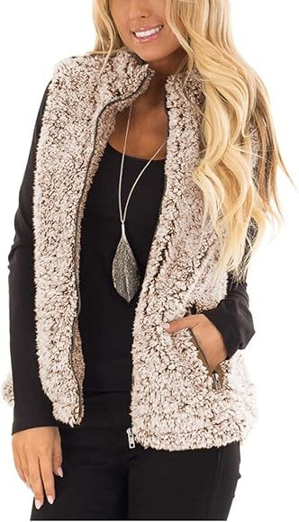 MEROKEETY Women's 2023 Winter Casual Sherpa Fleece Lightweight Fall Warm Zipper Vest with Pockets | Amazon (US)