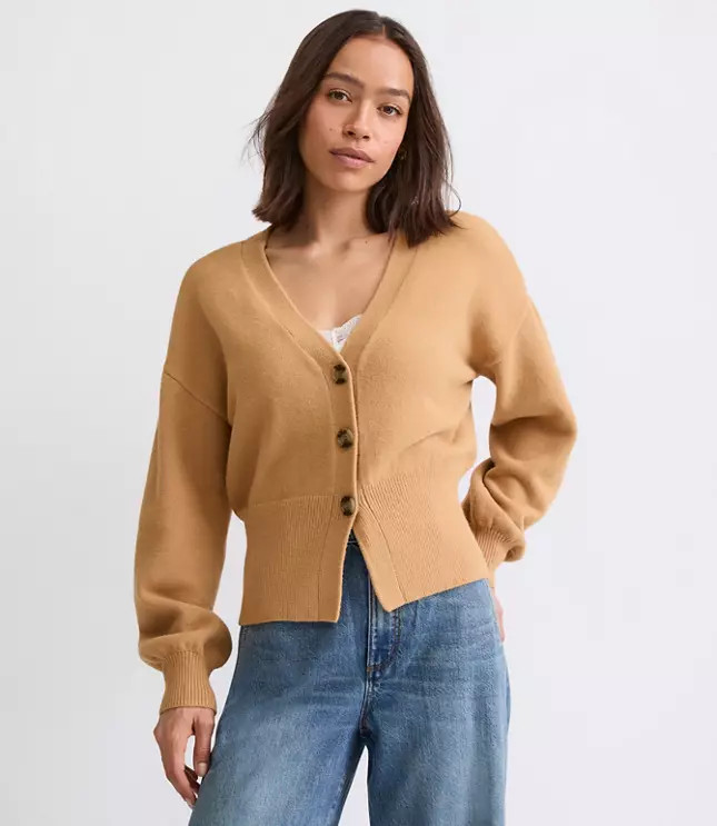 Ribtrim Blouson V-Neck Cardigan | LOFT