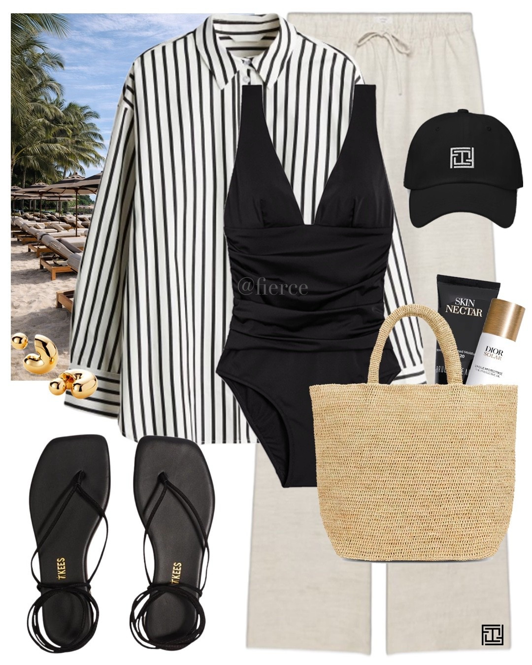 Striped shirt cream linen trousers raffia tote bag black strappy tie up sandals black swimsuit resort wear vacation beach holiday 

#LTKtravel #LTKuk #LTKeurope