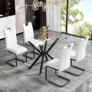 Black Tempered Glass 47.24 in. Adjustable Metal Cross Legs Dining Table Seats 4 | The Home Depot