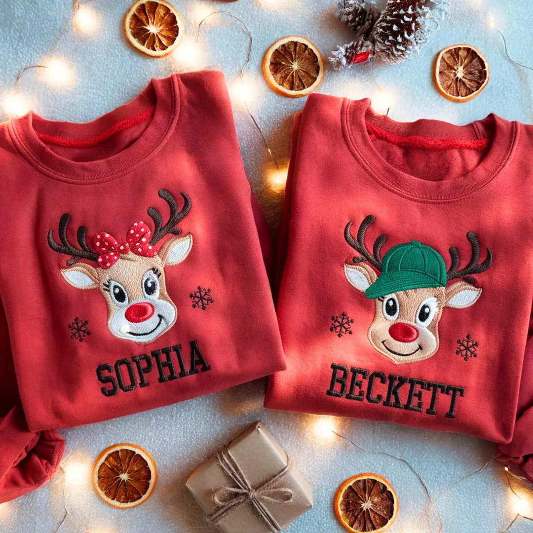 Personalized Embroidered Reindeer Christmas Sweatshirt, Kids Holiday Shirt | Etsy (US)