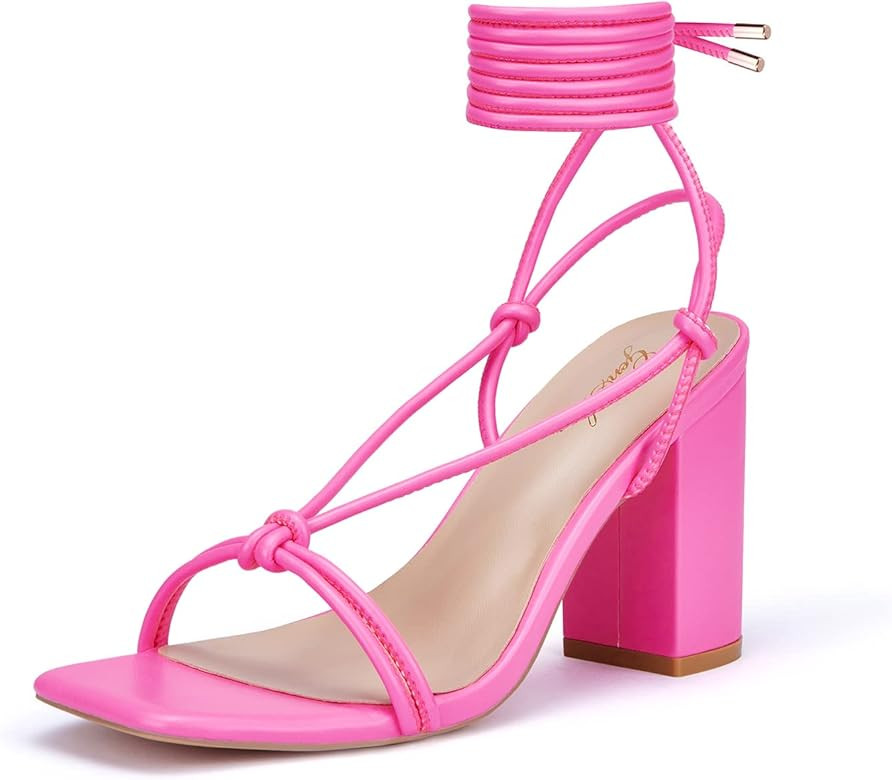 GENSHUO Square Toe Sandals Women Lace up Chunky High Heels Strappy Sandals Block Heeled Homecomin... | Amazon (US)