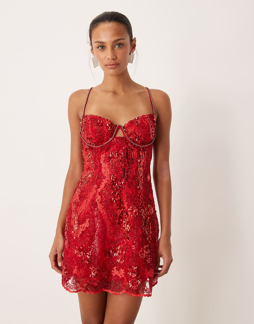 For Love & Lemons floral sequin mini dress with underwire cups in red | ASOS (Global)