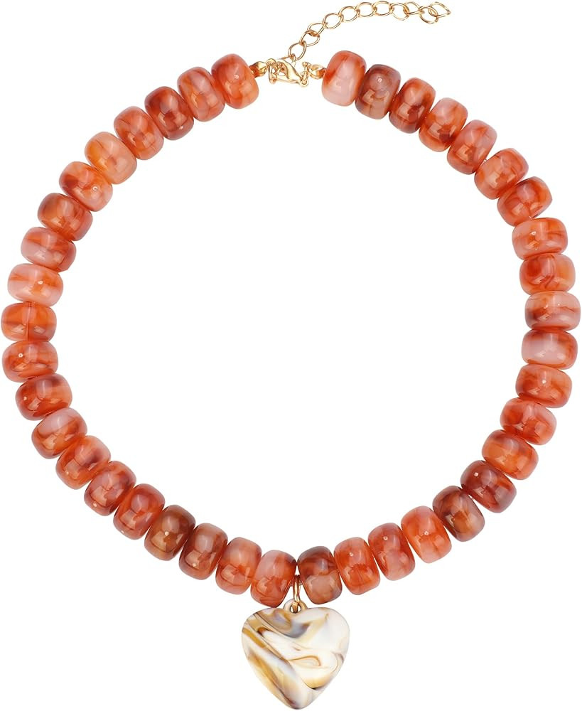 Chunky Colorful Beaded Statement Boho Chokers Necklace Heart Pendant Pink Green Yellow Brown Fash... | Amazon (US)