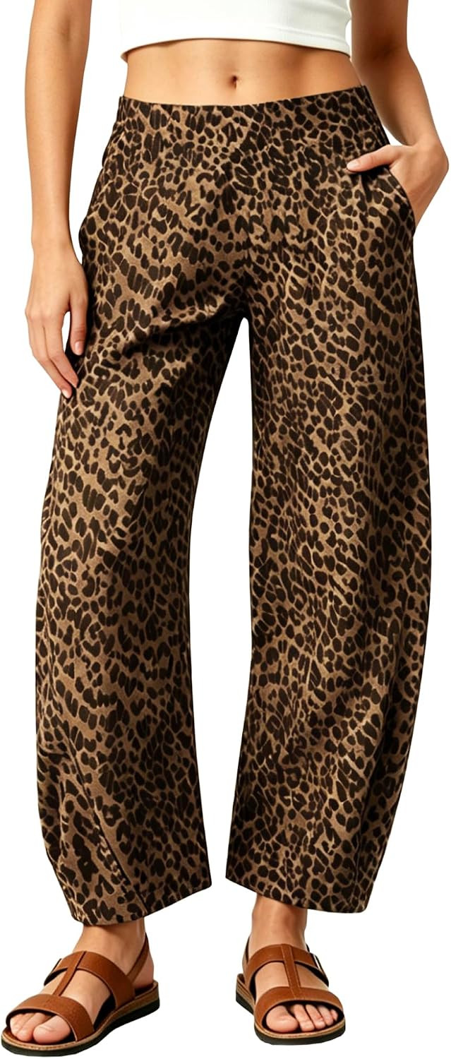 Womens Elastic Waist Ankle Pants Baggy Tapered Barrel Travel Pants Trousers | Amazon (US)