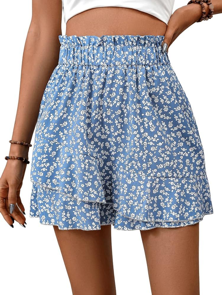 SweatyRocks Women's Boho Floral Print Tie Side Wrap Skirt Ruffle Hem Mini Skort Skirts with Short... | Amazon (US)