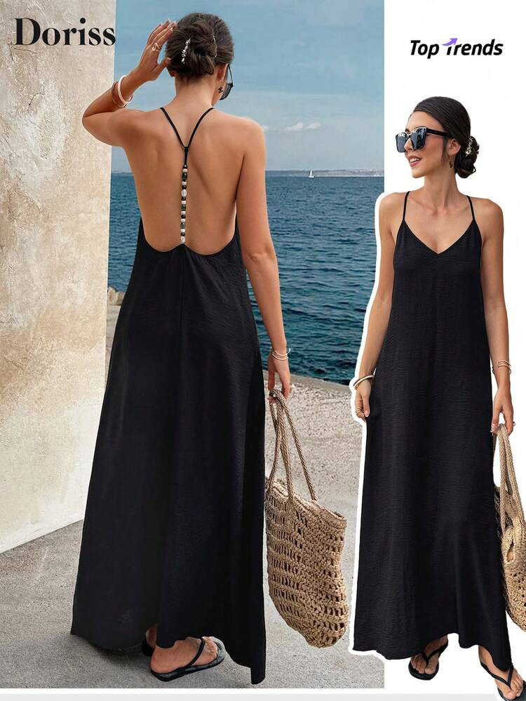 Women's Elegant Sequin Spaghetti Strap Backless Maxi Dress, Suitable For Party, Wedding, Beach, V... | SHEIN