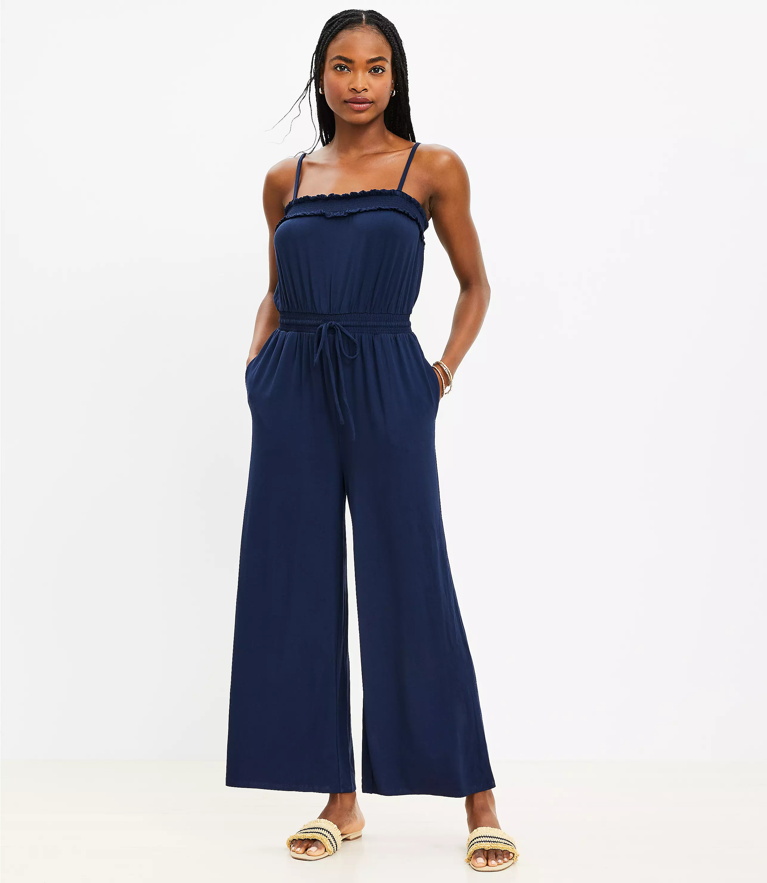 Smocked Strappy Jumpsuit | LOFT