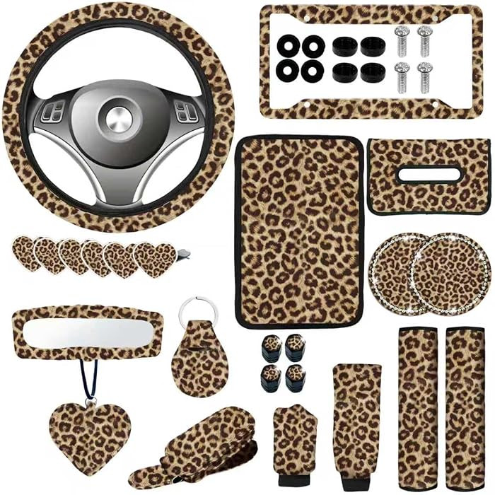 24 Pcs Leopard Print Car Accessories,Including License Plate Frame,Rearview Mirror Decoration,Etc... | Amazon (US)